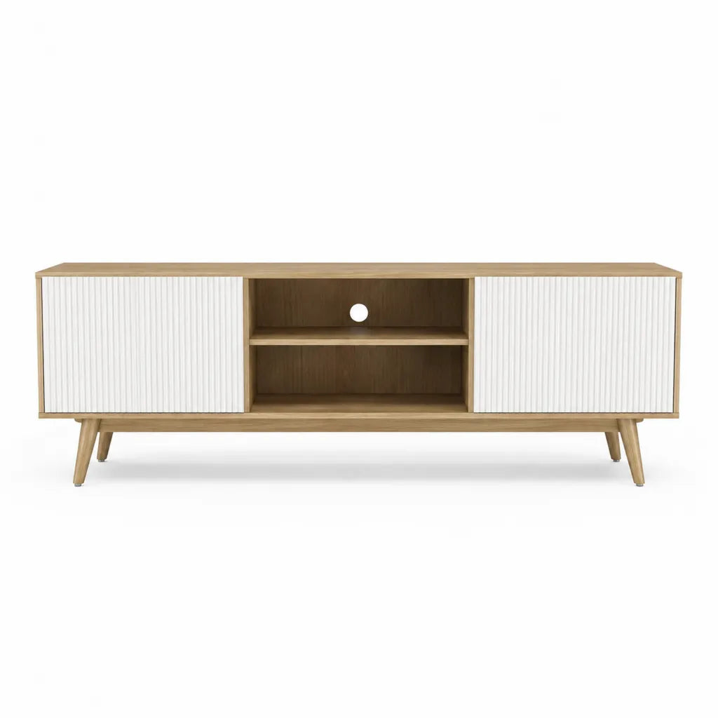 Meuble TV rectangulaire 160 x 40 x 60 cm en panneaux de particules decor chene et MDF blanc