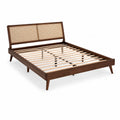 Lit double 160 x 200 cm avec cadre en bois massif noyer et tete de lit en cannage naturel