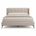 Lit double capitonne 160 x 200 cm en polyester beige avec tete de lit verticale et pieds en acier noir