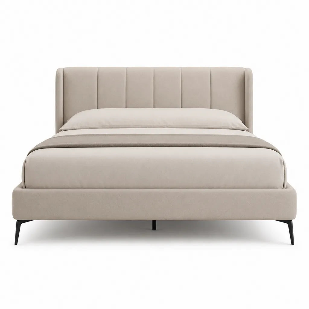 Lit double capitonne 160 x 200 cm en polyester beige avec tete de lit verticale et pieds en acier noir