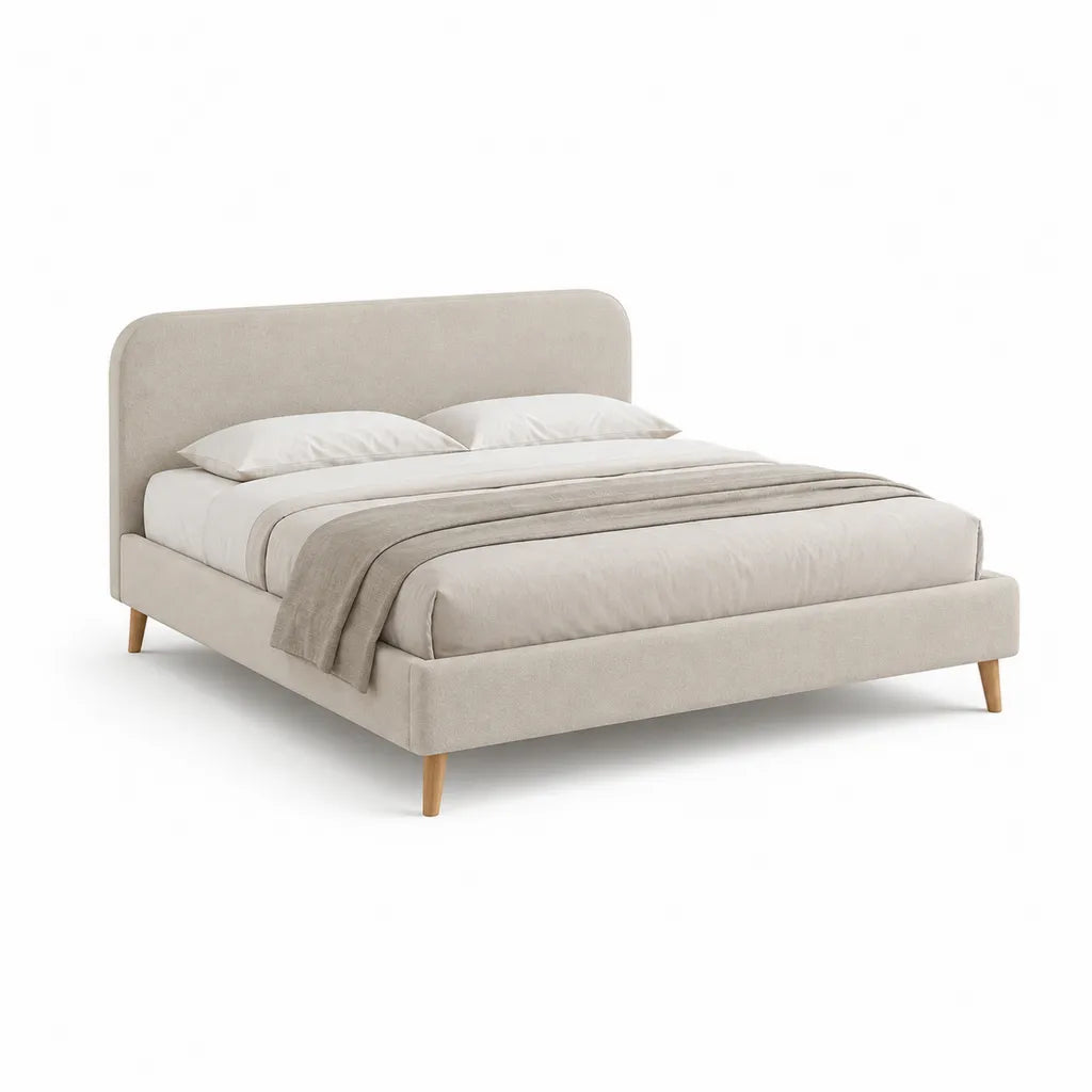 Lit double capitonne 160 x 200 cm en polyester beige avec pieds en bois massif