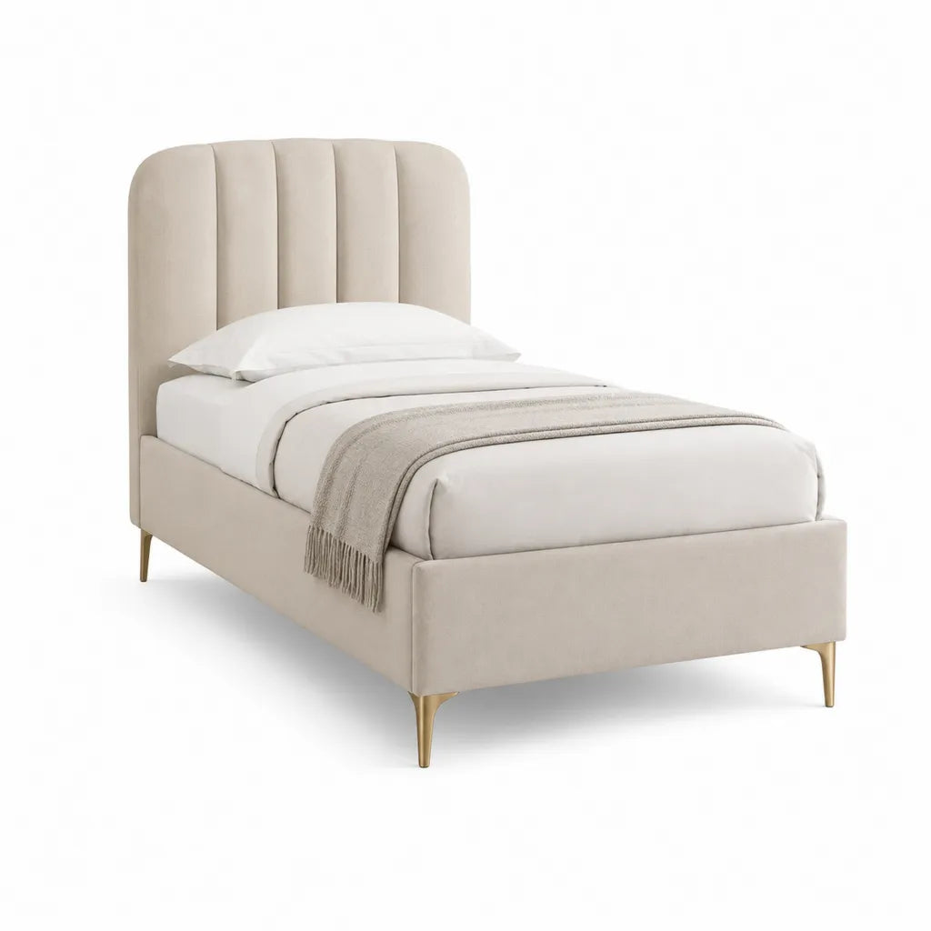 Lit simple 90 x 190 cm cadre rembourre en polyester capitonne rectangulaire beige