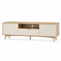 Meuble TV rectangulaire 180 x 40 x 55 cm en MDF plaque chene naturel et blanc avec 2 portes 1 tiroir et passe-cable