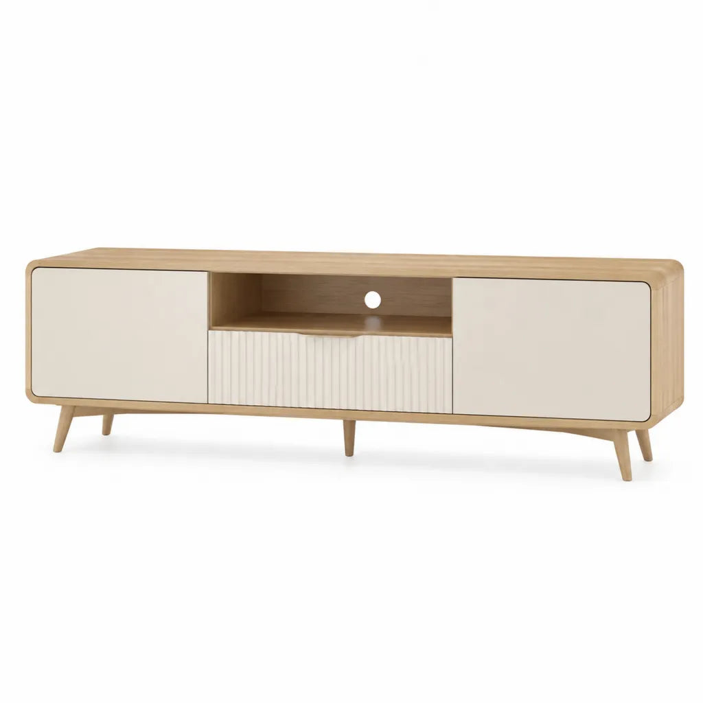 Meuble TV rectangulaire 180 x 40 x 55 cm en MDF plaque chene naturel et blanc avec 2 portes 1 tiroir et passe-cable