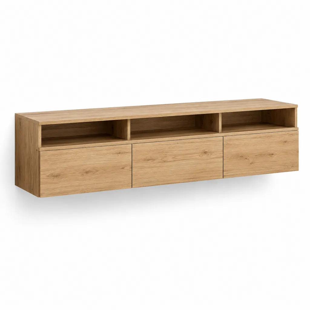 Meuble TV rectangulaire 180 cm en panneaux de particules finition chene clair avec 3 rangements fermes
