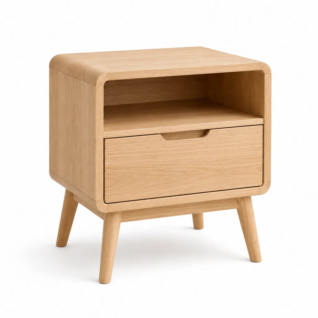 Table de chevet avec tiroir et niche en placage chene naturel 45 x 40 x 55 cm