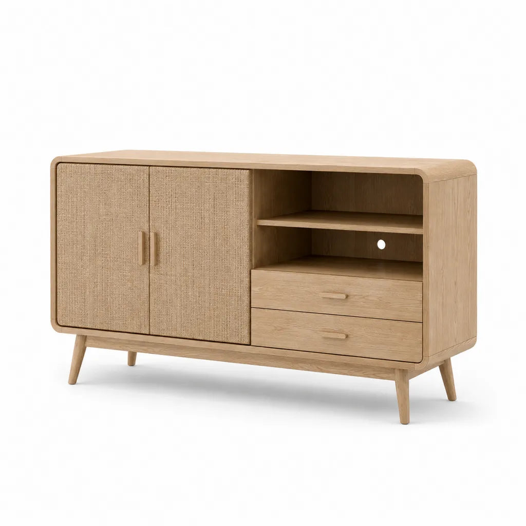 Buffet de salle a manger rectangulaire en MDF plaque chene et rotin naturel 150 x 40 x 85 cm beige