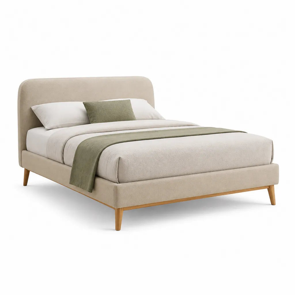 Lit double 160 x 200 cm en polyester beige avec tete de lit arrondie et pieds en bois massif