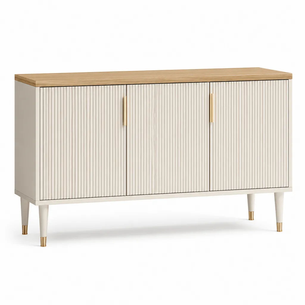 Buffet 3 portes rainurees 120 x 40 x 80 cm en MDF plaque chene beige et naturel