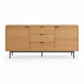 Buffet de salle a manger 180 x 45 x 80 cm en chene massif rectangulaire naturel avec 3 tiroirs et 2 portes