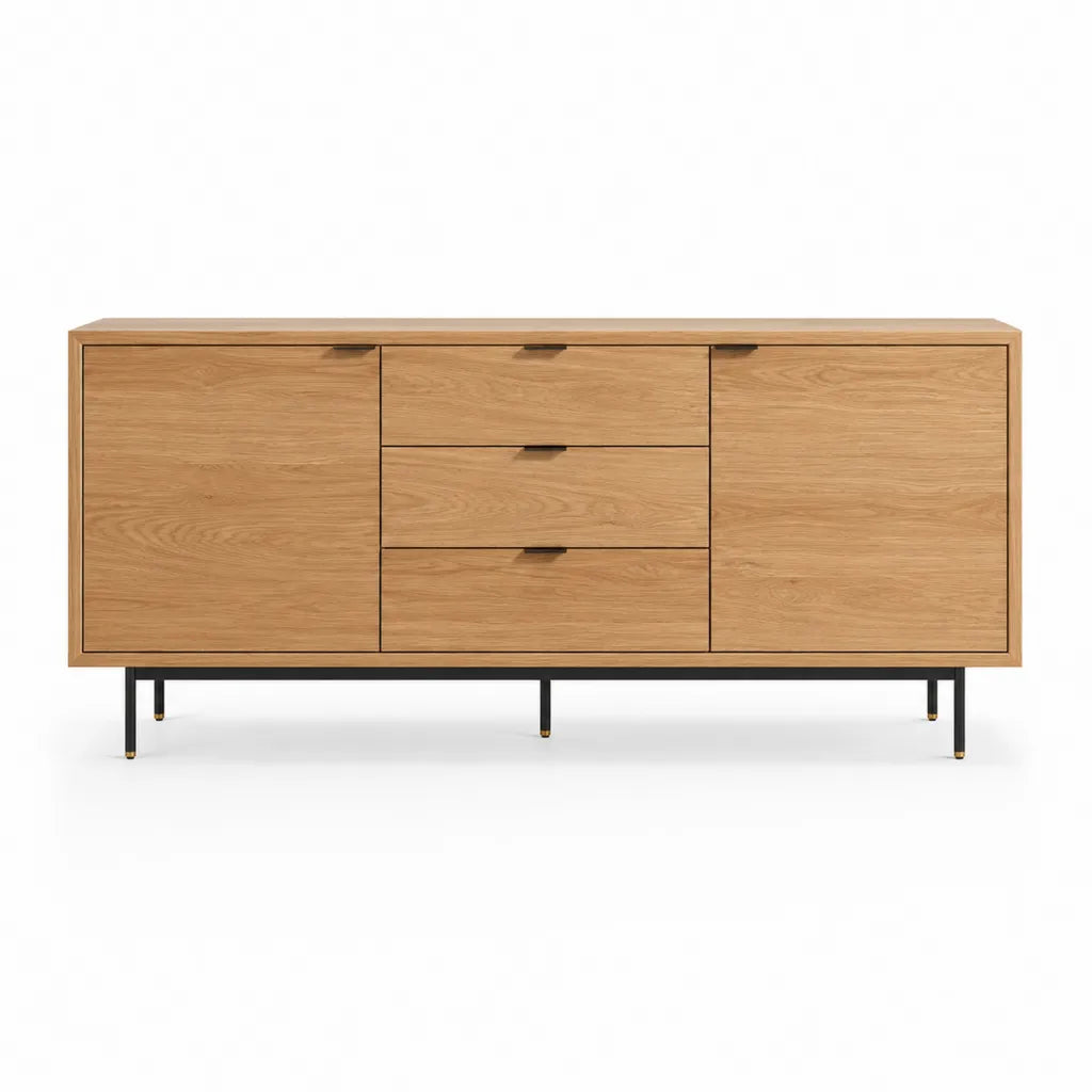 Buffet de salle a manger 180 x 45 x 80 cm en chene massif rectangulaire naturel avec 3 tiroirs et 2 portes