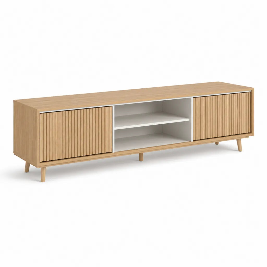 Meuble TV rectangulaire 180 x 40 x 55 cm en panneaux de particules melamines chene clair