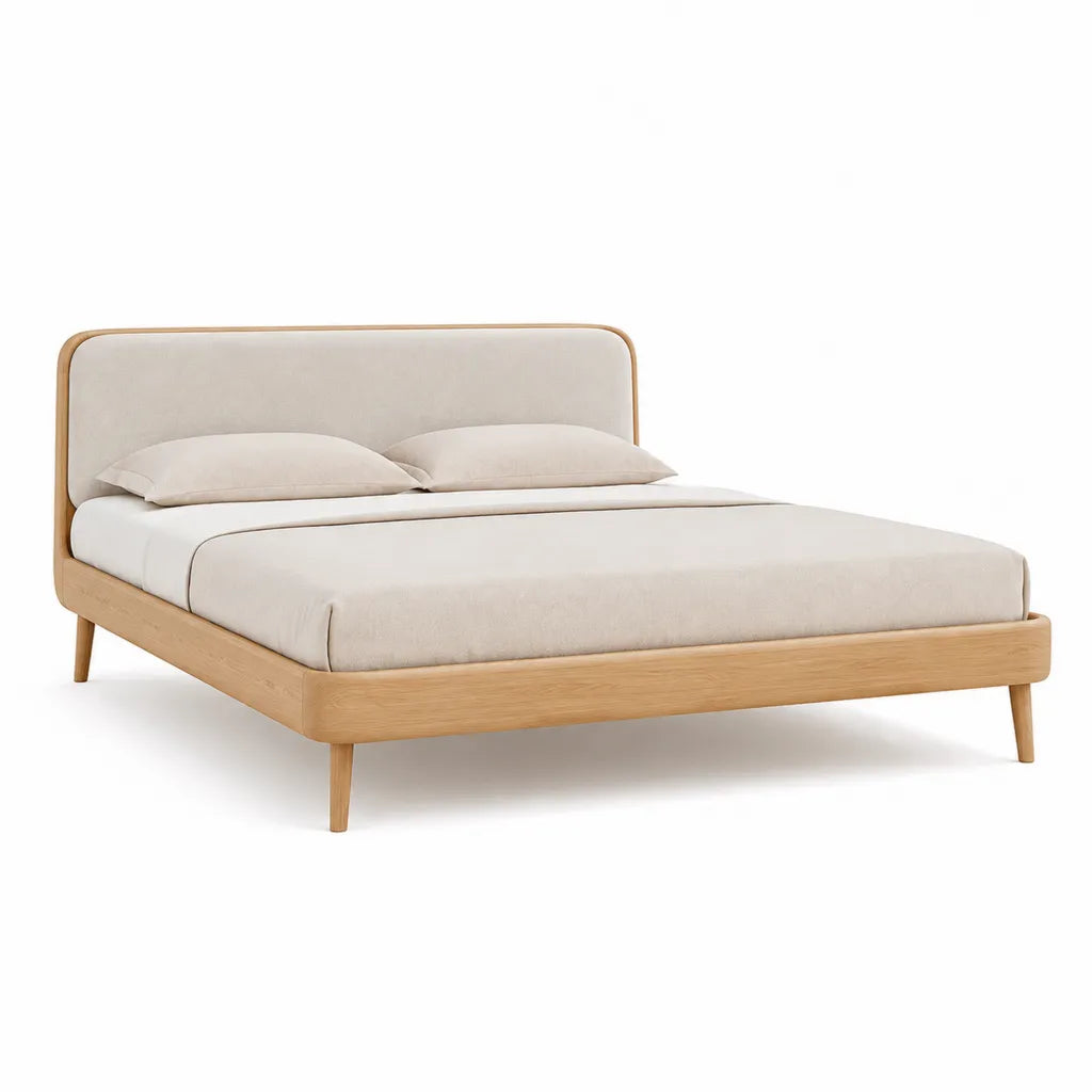 Cadre de lit double 160 x 200 cm en chene massif avec tete de lit capitonnee beige