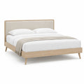 Lit double avec cadre en bois d'hevea et tete de lit en polyester beige naturel 160 x 200 cm