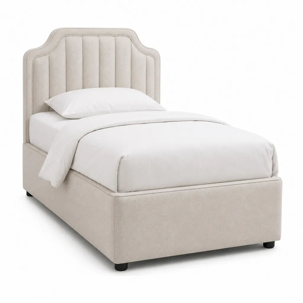 Lit capitonne 1 place 90 x 190 cm en polyester beige avec tete de lit arrondie
