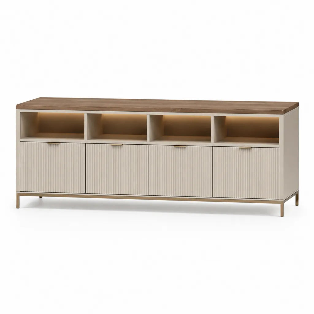 Buffet 4 portes avec niches ouvertes 160 x 40 x 85 cm en MDF blanc casse et decor noyer