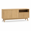 Meuble TV rectangulaire 150 x 40 x 75 cm en MDF plaque chene naturel avec 3 portes et niche ouverte