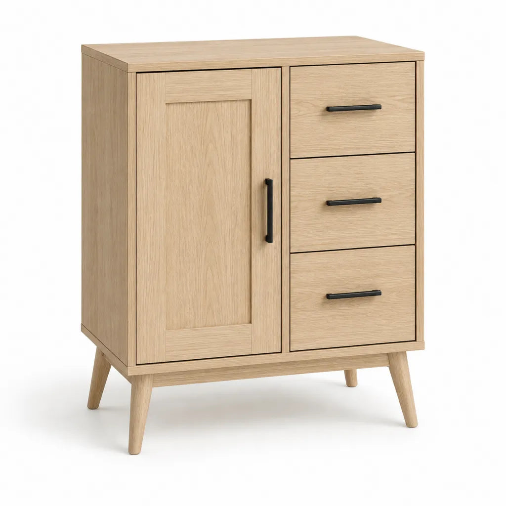 Buffet de salle a manger 1 porte 3 tiroirs en panneaux MDF plaques chene naturel 80 x 40 x 120 cm
