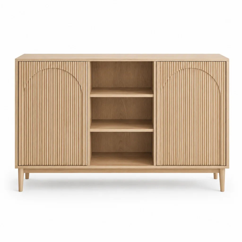 Buffet de salle a manger 160 x 40 x 90 cm en MDF plaque chene clair rectangulaire avec 2 portes coulissantes