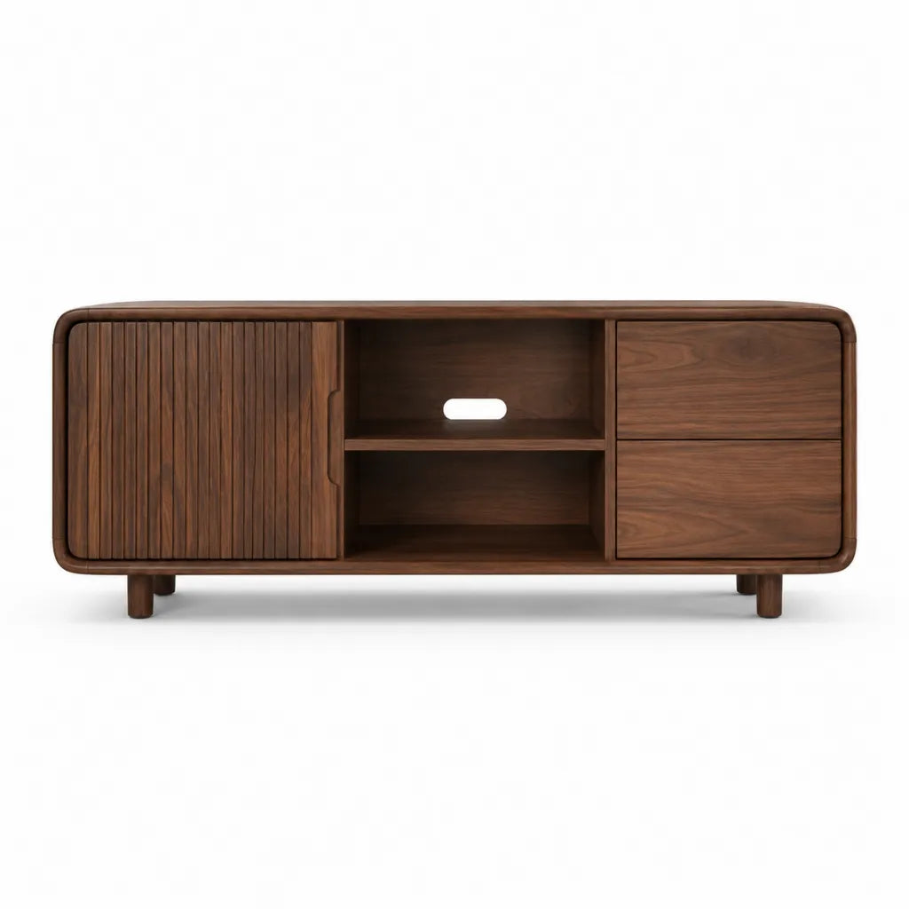 Meuble TV 160 x 40 x 60 cm en MDF plaque noyer brun avec porte coulissante et tiroirs